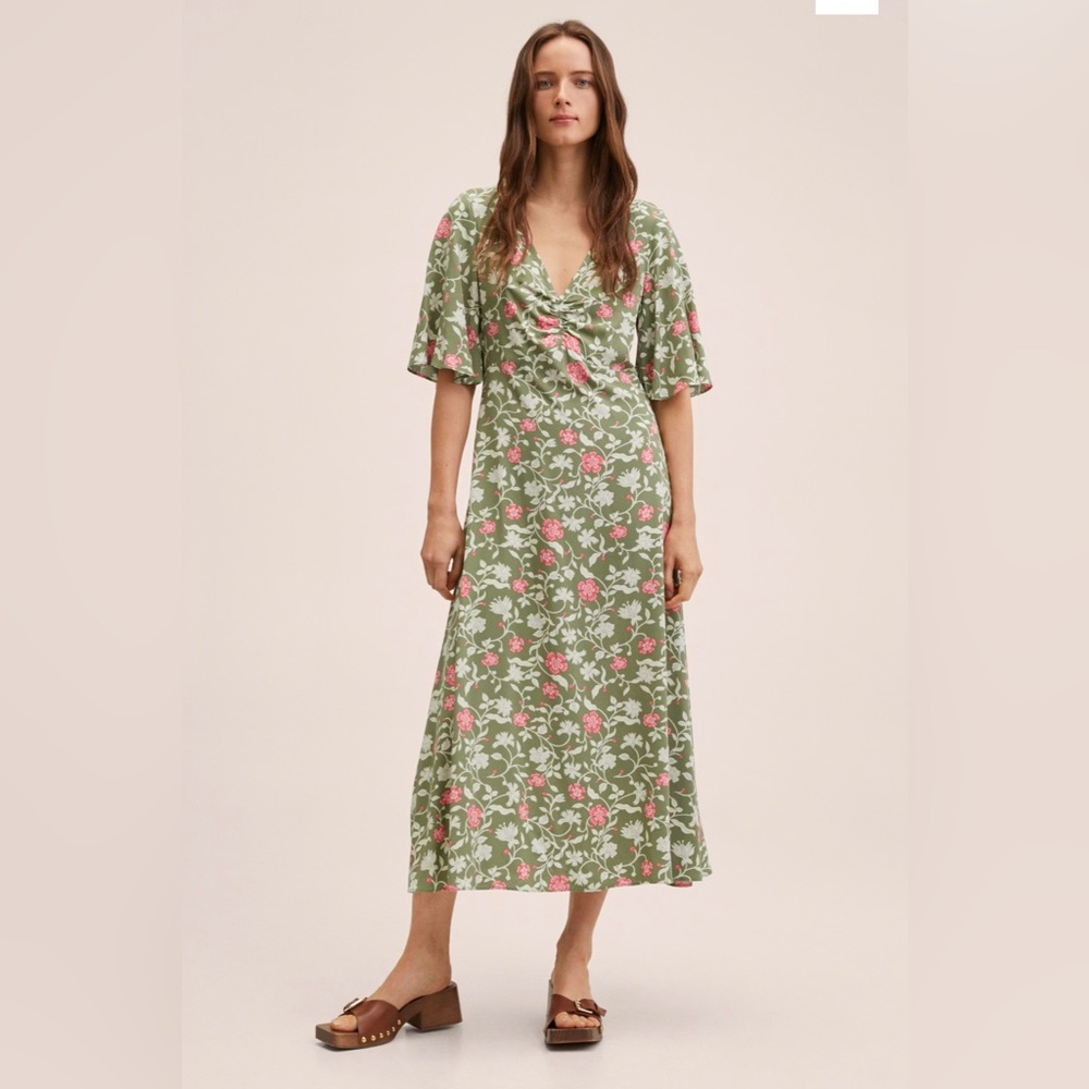 Floral flowy green & pink midi 90s dress, ruffled, v neck, preppy, summer